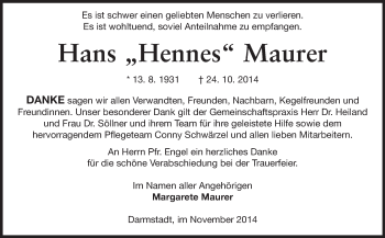 Traueranzeige von Hans Maurer von Echo-Zeitungen (Gesamtausgabe)