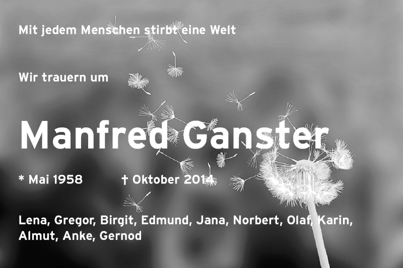  Traueranzeige für Manfred Ganster vom 06.11.2014 aus Odenwälder Echo