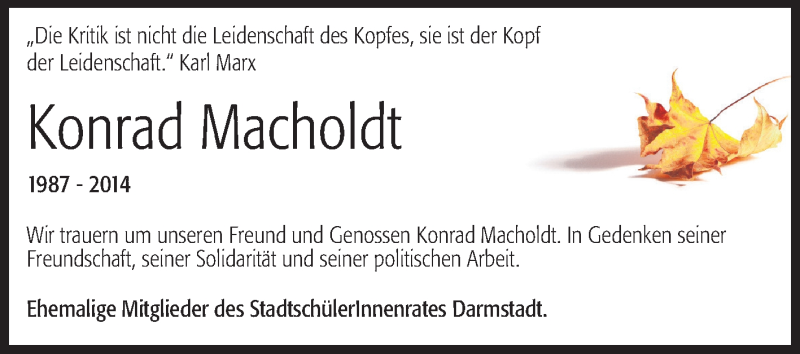 Traueranzeige für Konrad Macholdt vom 08.11.2014 aus Echo-Zeitungen (Gesamtausgabe)
