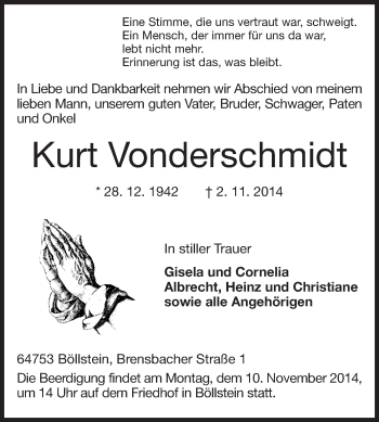 Traueranzeige von Kurt Vonderschmidt von Echo-Zeitungen (Gesamtausgabe)