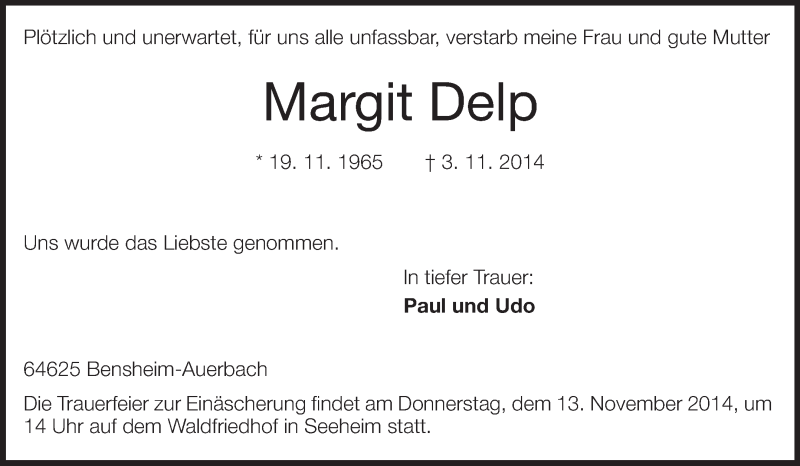  Traueranzeige für Margit Delp vom 06.11.2014 aus Echo-Zeitungen (Gesamtausgabe)