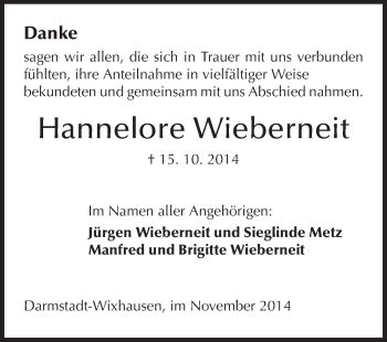 Traueranzeige von Hannelore Wieberneit von Echo-Zeitungen (Gesamtausgabe)