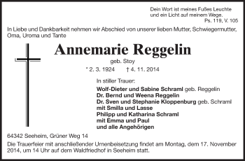 Traueranzeige von Annemarie Reggelin von Echo-Zeitungen (Gesamtausgabe)