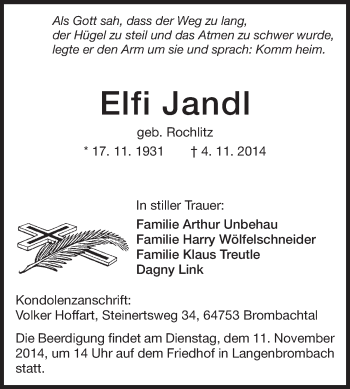 Traueranzeige von Elfi Jandl von Odenwälder Echo