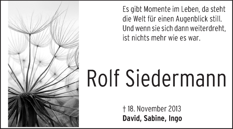  Traueranzeige für Rolf Siedermann vom 18.11.2014 aus Echo-Zeitungen (Gesamtausgabe)