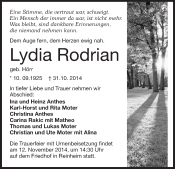 Traueranzeige von Lydia Rodrian von Echo-Zeitungen (Gesamtausgabe)