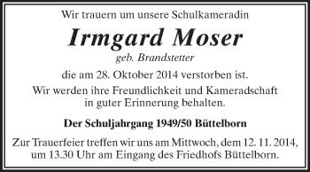 Traueranzeige von Irmgard Moser von Rüsselsheimer Echo, Groß-Gerauer-Echo, Ried Echo