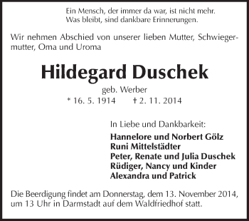 Traueranzeige von Hildegard Duschek von Echo-Zeitungen (Gesamtausgabe)