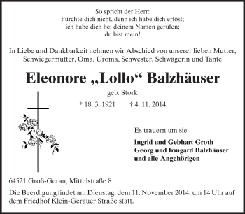 Traueranzeige von Eleonore Balzhäuser von Rüsselsheimer Echo, Groß-Gerauer-Echo, Ried Echo
