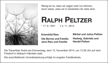 Traueranzeige von Ralph Peltzer von Echo-Zeitungen (Gesamtausgabe)