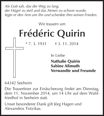Traueranzeige von Frederic Quirin von Echo-Zeitungen (Gesamtausgabe)