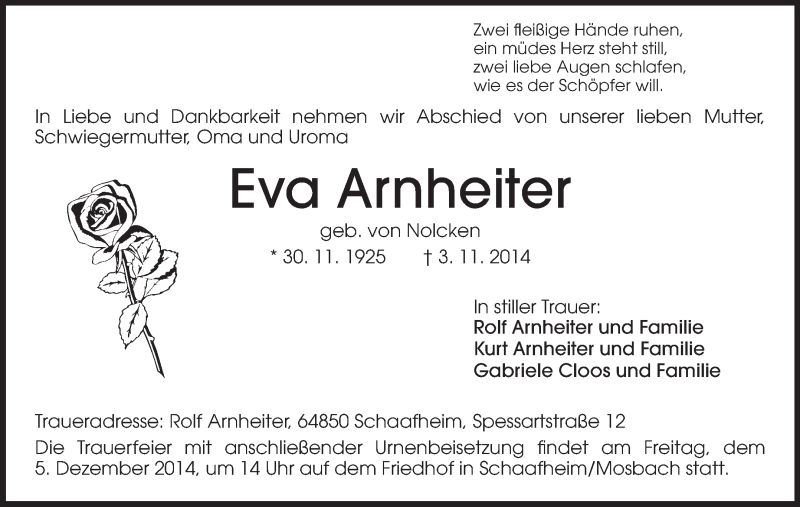  Traueranzeige für Eva Arnheiter vom 08.11.2014 aus Echo-Zeitungen (Gesamtausgabe)
