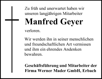 Traueranzeige von Manfred Geyer von Odenwälder Echo