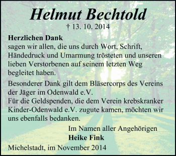 Traueranzeige von Helmut Bechtold von Odenwälder Echo
