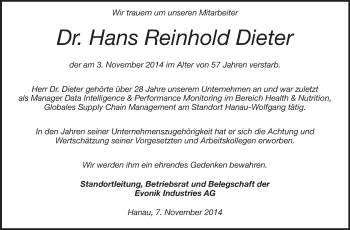 Traueranzeige von Hans Reinhold Dieter von Echo-Zeitungen (Gesamtausgabe)