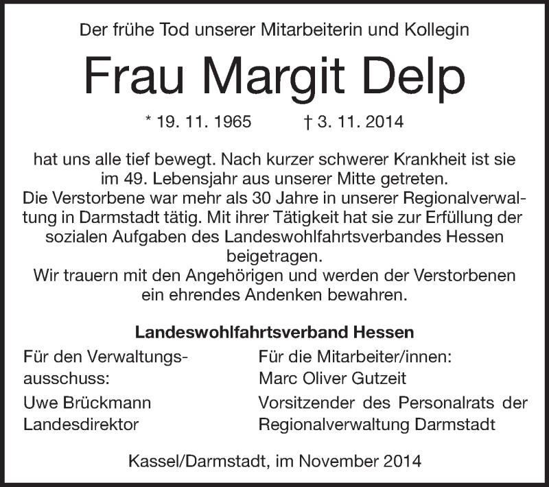  Traueranzeige für Margit Delp vom 07.11.2014 aus Echo-Zeitungen (Gesamtausgabe)