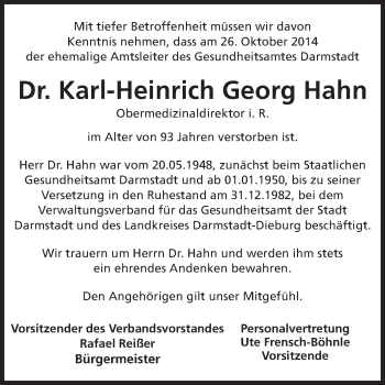 Traueranzeige von Karl-Heinrich Georg Hahn von Echo-Zeitungen (Gesamtausgabe)