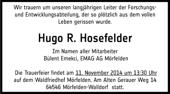 Traueranzeige von Hugo R. Hosefelder von Rüsselsheimer Echo, Groß-Gerauer-Echo, Ried Echo
