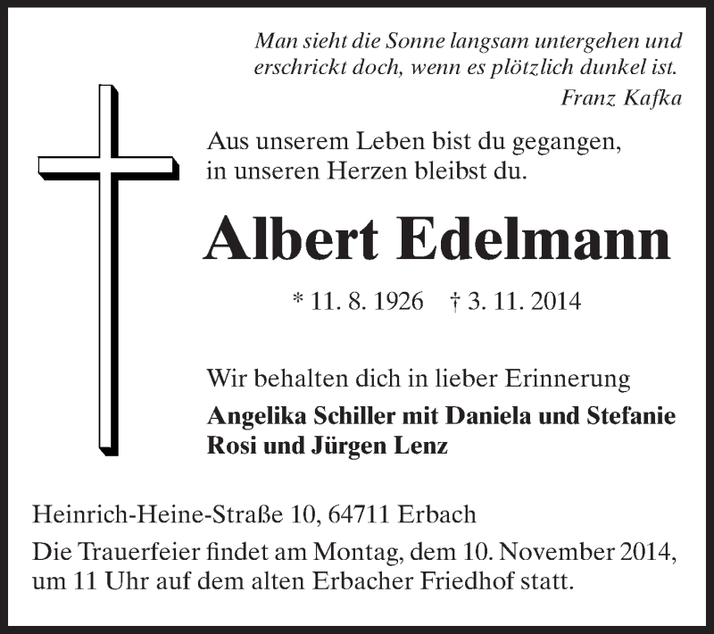  Traueranzeige für Albert Edelmann vom 08.11.2014 aus Odenwälder Echo