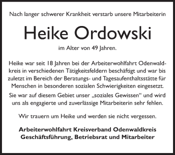 Traueranzeige von Heike Ordowski von Odenwälder Echo