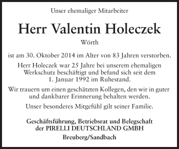 Traueranzeige von Valentin Holeczek von Odenwälder Echo