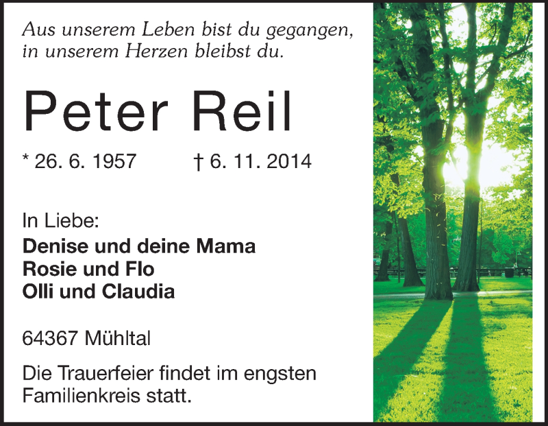  Traueranzeige für Peter Reil vom 10.11.2014 aus Echo-Zeitungen (Gesamtausgabe)