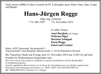 Traueranzeige von Hans-Jürgen Rogge von Echo-Zeitungen (Gesamtausgabe)