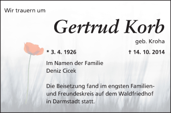 Traueranzeige von Gertrud Korb von Echo-Zeitungen (Gesamtausgabe)