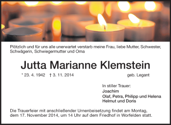 Traueranzeige von Jutta Marianne Klemstein von Rüsselsheimer Echo, Groß-Gerauer-Echo, Ried Echo