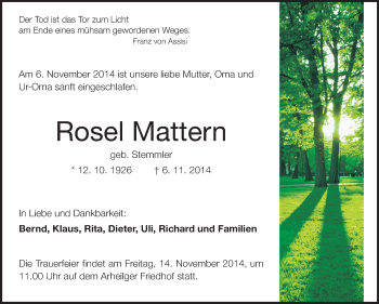 Traueranzeige von Rosel Mattern von Echo-Zeitungen (Gesamtausgabe)