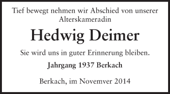 Traueranzeige von Hedwig Deimer von Rüsselsheimer Echo, Groß-Gerauer-Echo, Ried Echo