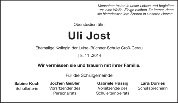 Traueranzeige von Uli Jost von Rüsselsheimer Echo, Groß-Gerauer-Echo, Ried Echo