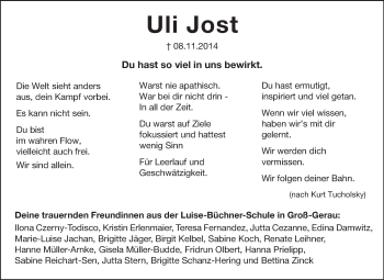 Traueranzeige von Uli Jost von Rüsselsheimer Echo, Groß-Gerauer-Echo, Ried Echo