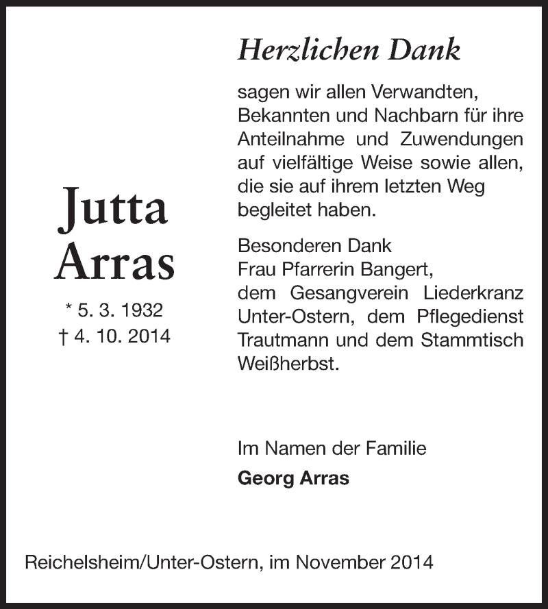  Traueranzeige für Jutta Arras vom 15.11.2014 aus Odenwälder Echo