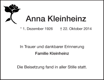 Traueranzeige von Anna Kleinheinz von Echo-Zeitungen (Gesamtausgabe)