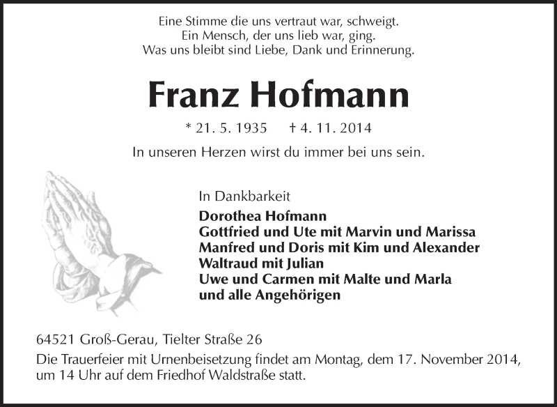  Traueranzeige für Franz Hofmann vom 15.11.2014 aus Rüsselsheimer Echo, Groß-Gerauer-Echo, Ried Echo