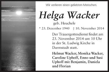 Traueranzeige von Helga Wacker von Echo-Zeitungen (Gesamtausgabe)