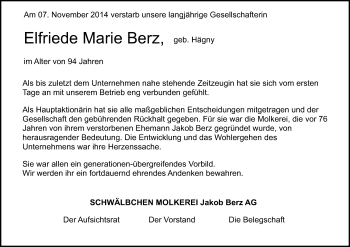 Traueranzeige von Elfriede Marie Berz von Echo-Zeitungen (Gesamtausgabe)
