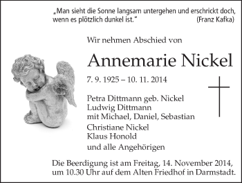 Traueranzeige von Annemarie Nickel von Echo-Zeitungen (Gesamtausgabe)