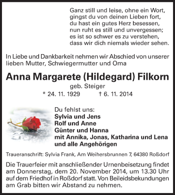 Traueranzeige von Anna Margarete Hildegard Filkorn von Echo-Zeitungen (Gesamtausgabe)