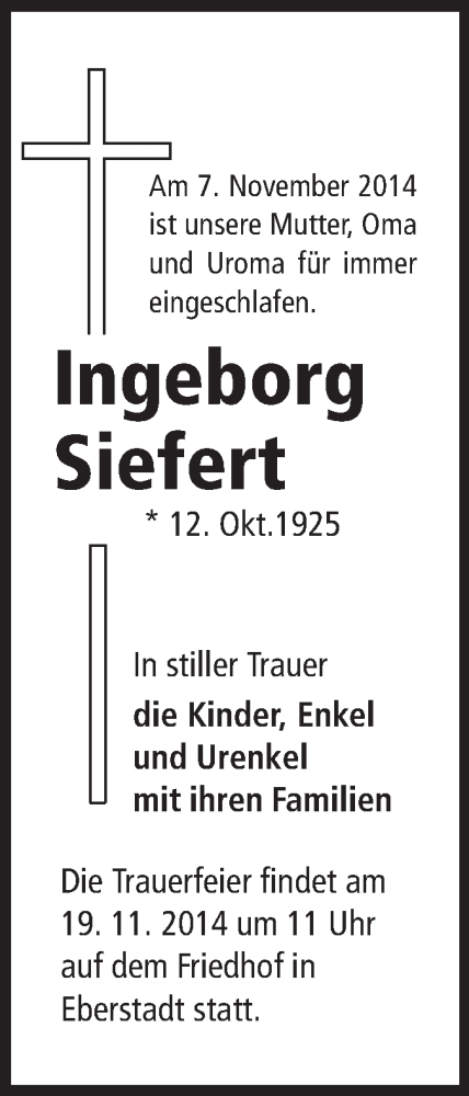  Traueranzeige für Ingeborg Siefert vom 15.11.2014 aus Echo-Zeitungen (Gesamtausgabe)