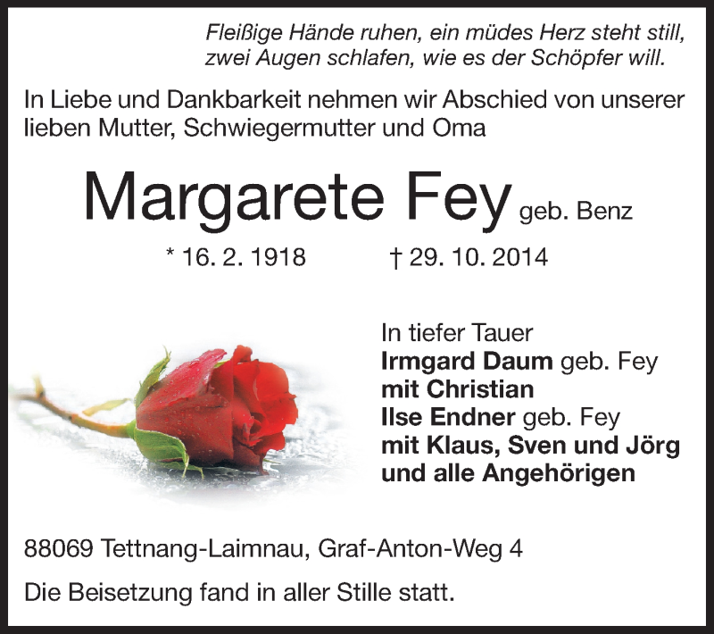  Traueranzeige für Margarete Fey vom 15.11.2014 aus Rüsselsheimer Echo, Groß-Gerauer-Echo, Ried Echo