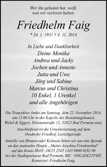 Traueranzeige von Friedhelm Faig von Echo-Zeitungen (Gesamtausgabe)
