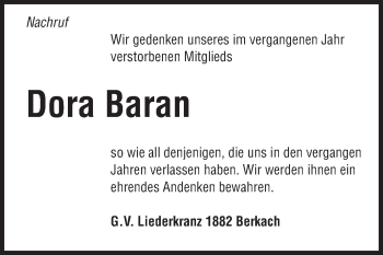Traueranzeige von Dora Baran von Rüsselsheimer Echo, Groß-Gerauer-Echo, Ried Echo