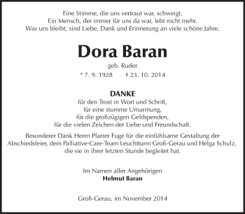 Traueranzeige von Dora Baran von Rüsselsheimer Echo, Groß-Gerauer-Echo, Ried Echo