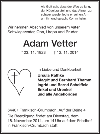 Traueranzeige von Adam Vetter von Odenwälder Echo
