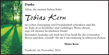 Traueranzeige von Tobias Kern von Rüsselsheimer Echo, Groß-Gerauer-Echo, Ried Echo