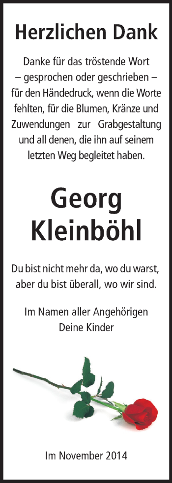 Traueranzeige von Georg Kleinböhl von Rüsselsheimer Echo, Groß-Gerauer-Echo, Ried Echo