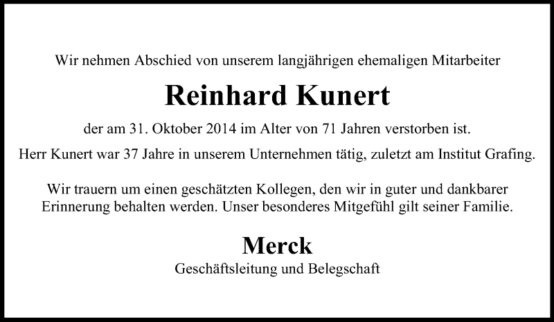  Traueranzeige für Reinhard Kunert vom 14.11.2014 aus Echo-Zeitungen (Gesamtausgabe)