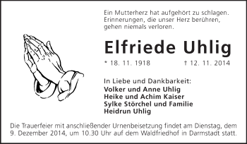 Traueranzeige von Elfriede Uhlig von Echo-Zeitungen (Gesamtausgabe)